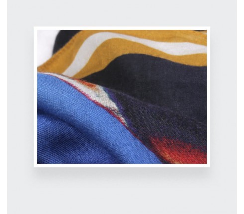 Scarf kaki and blue Cinabre Paris Here they come collection made in France cashmere and modal