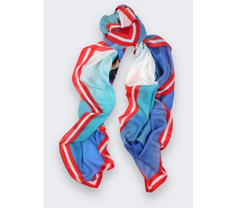 Foulard corail orange et bleu Cinabre Paris Ils Arrivent en cachemire et modal