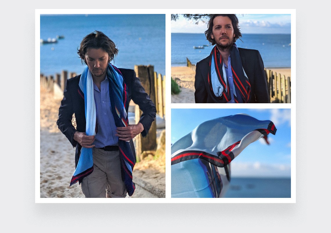 Blue scarf Here they Come cashmere and modal by Cinabre Paris