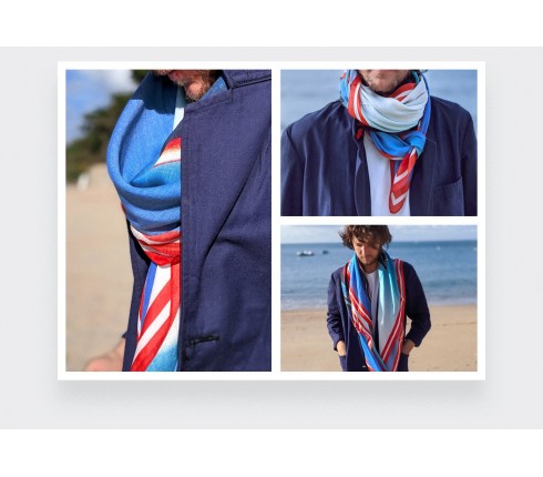 Foulard corail orange et bleu Cinabre Paris Ils Arrivent en cachemire et modal