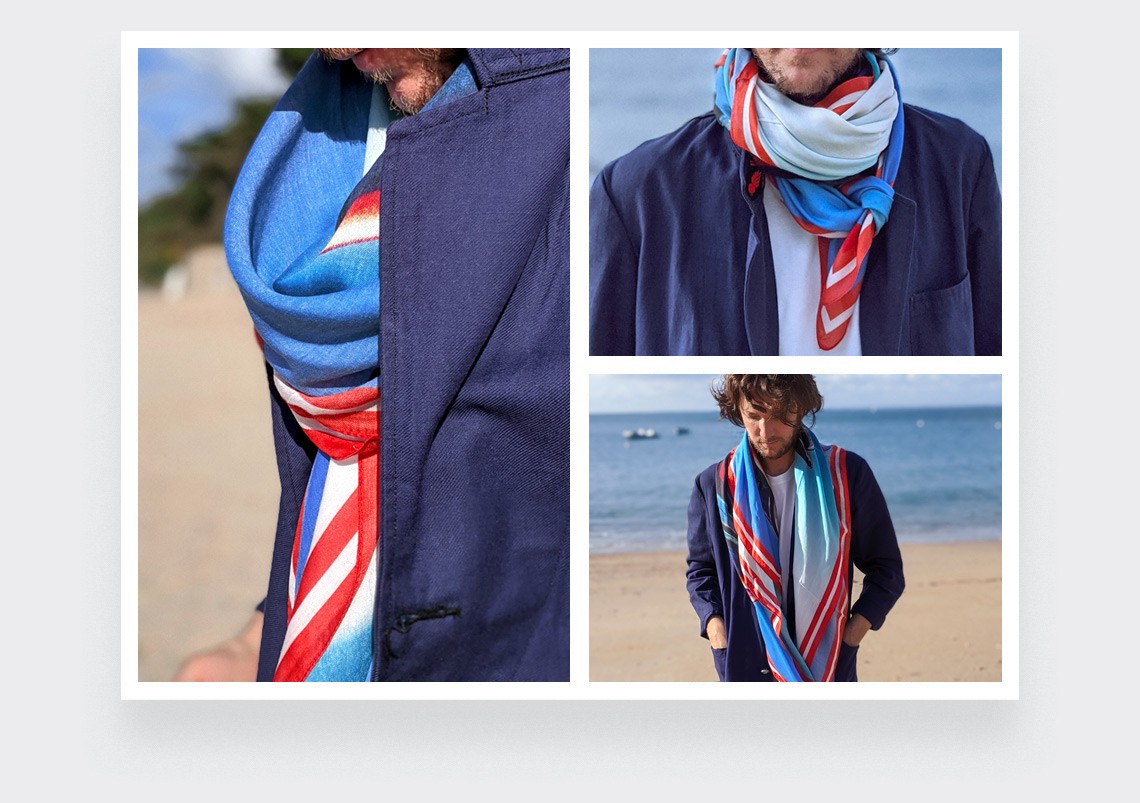 Foulard corail orange et bleu Cinabre Paris Ils Arrivent en cachemire et modal