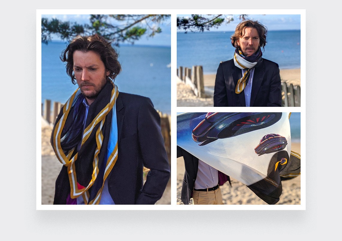 Scarf kaki and blue Cinabre Paris Here they come collection made in France cashmere and modal