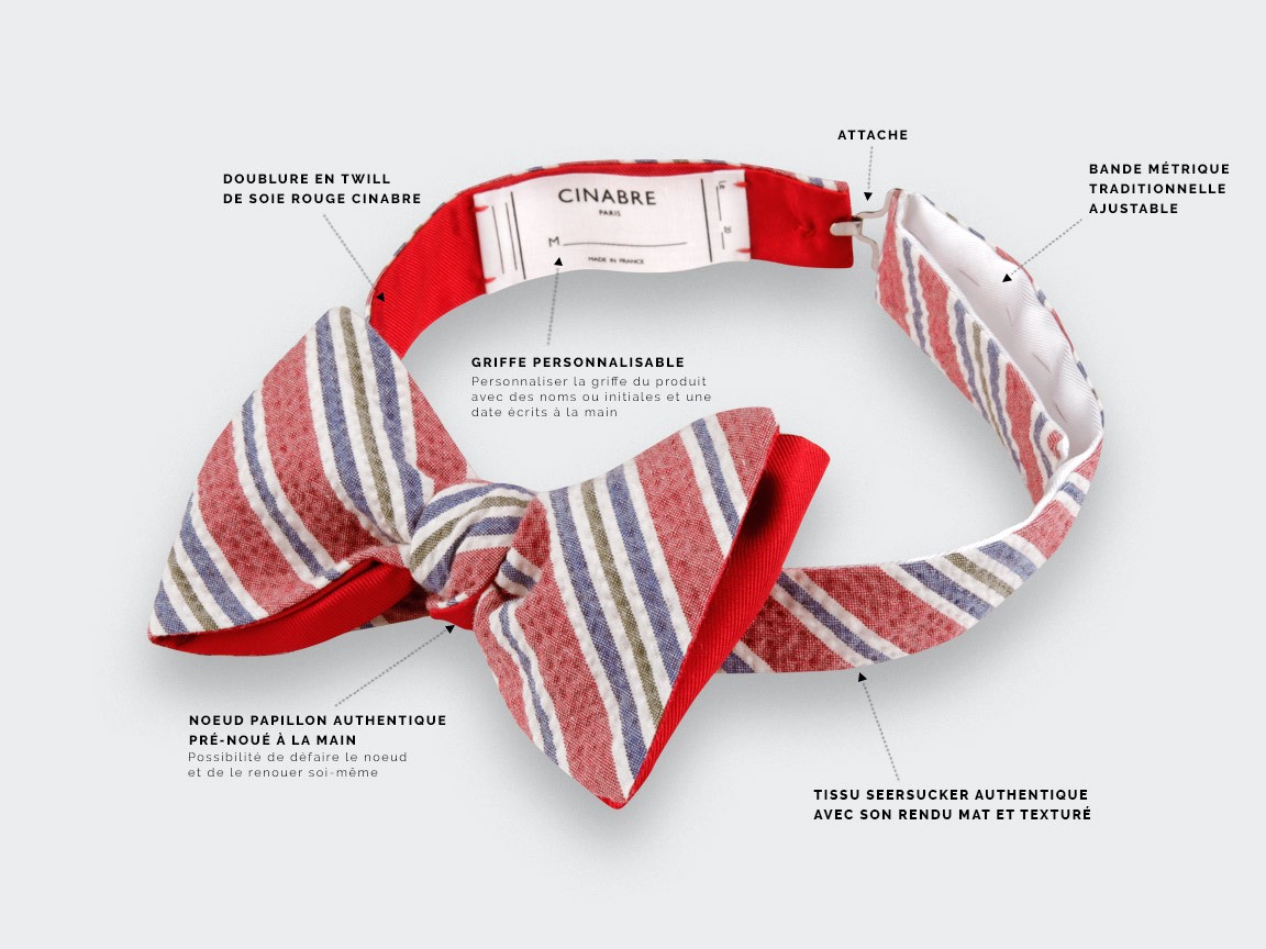 Striped seersucker bow tie - Handmade in France - CINABRE Paris