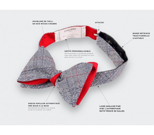 Red Stripes Prince of Wales Bow Tie - Cinabre Paris - Handmade in France