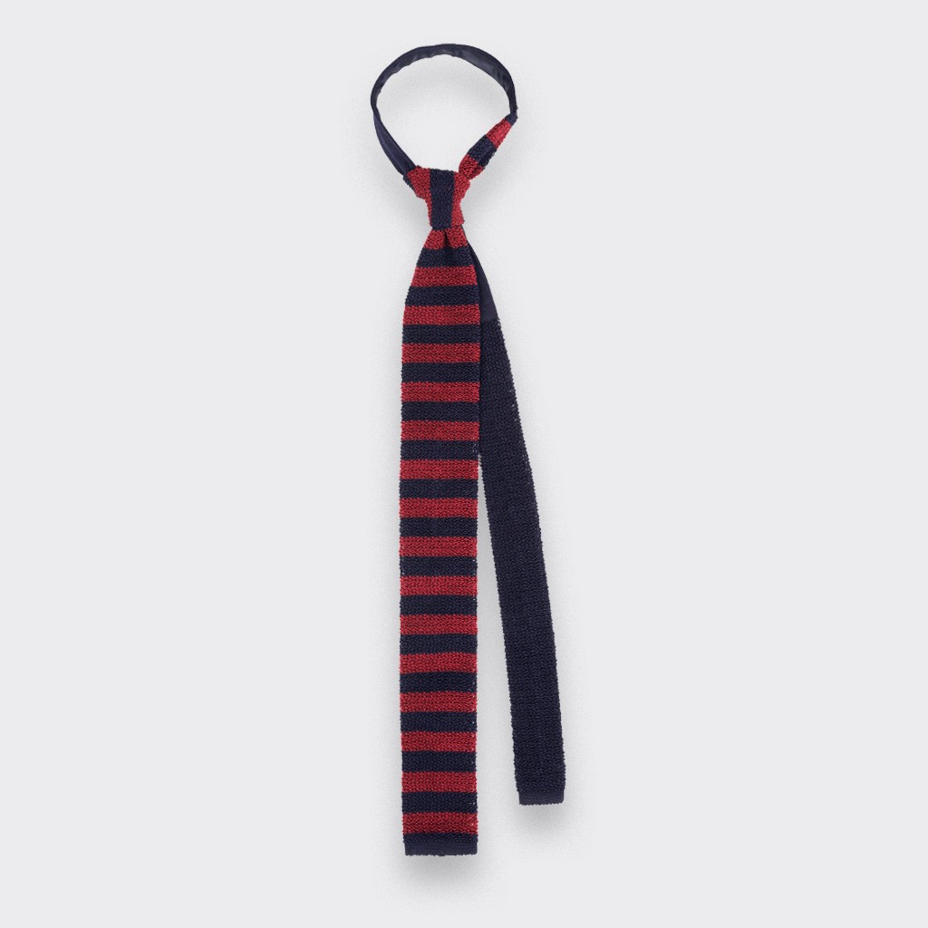 Navy Burgundy Striped Knitted Tie - Silk - Cinabre Paris