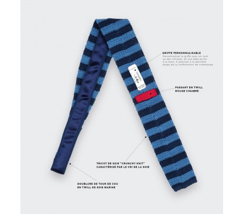 Navy Blue Striped Knitted Tie - Silk - Cinabre Paris