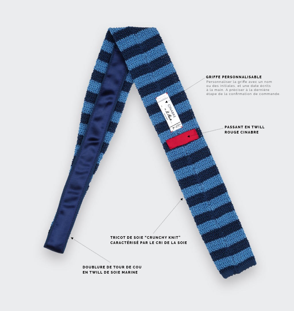 Navy Blue Striped Knitted Tie - Silk - Cinabre Paris