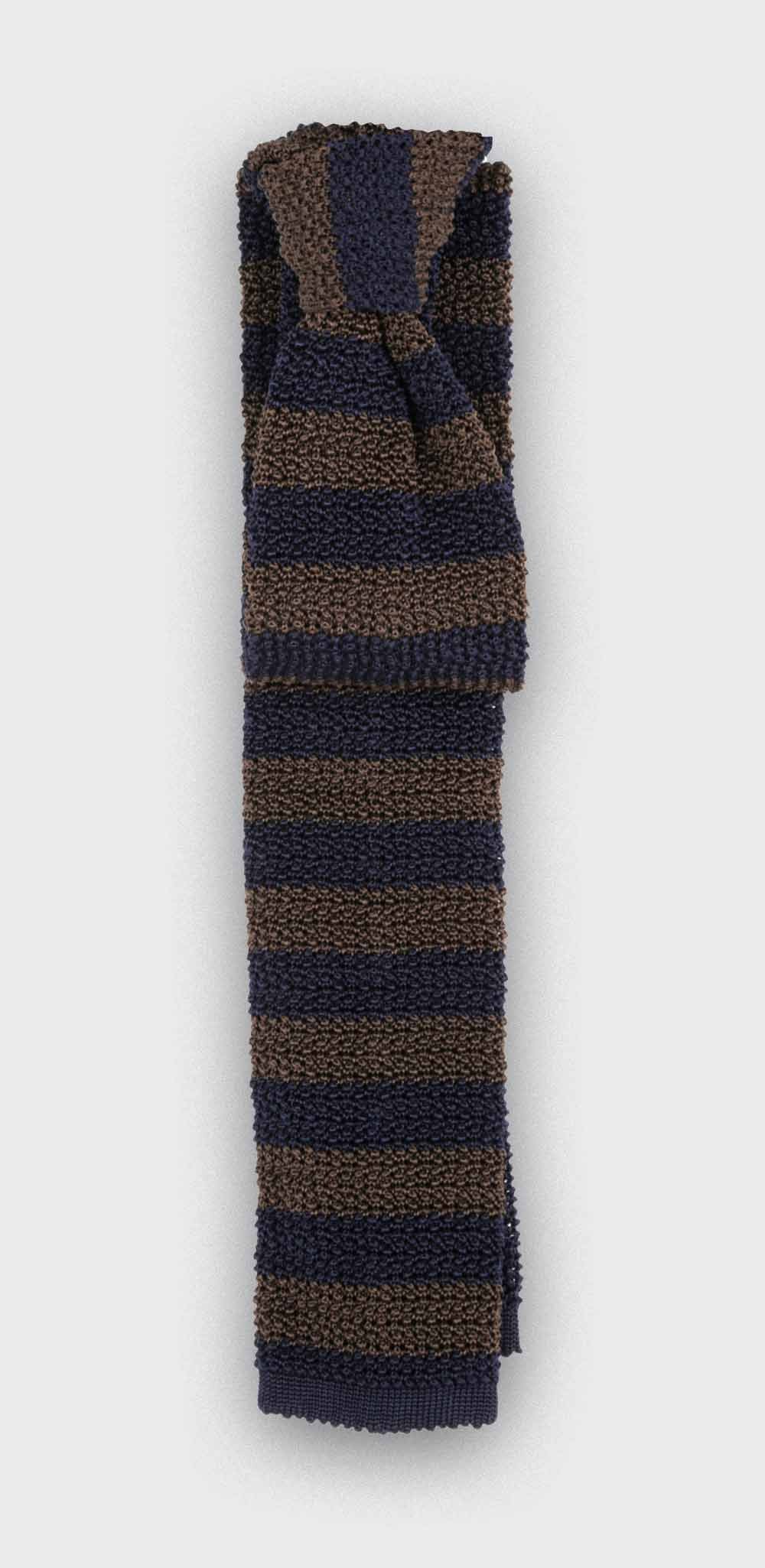 Navy Brown Striped Knit Tie - Cinabre paris