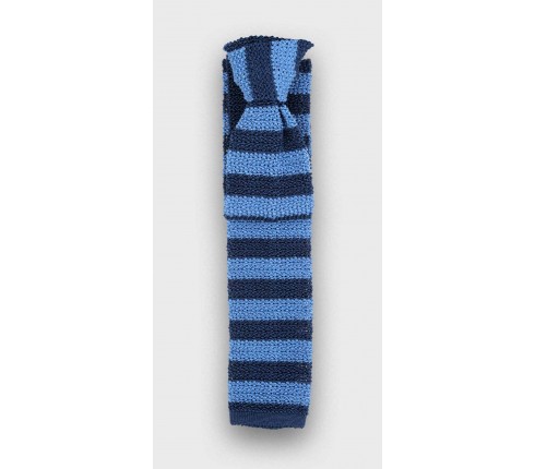 Navy Blue Striped Knitted Tie - Silk - Cinabre Paris