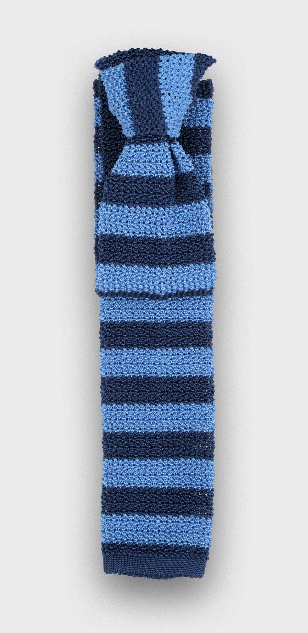 Navy Blue Striped Knitted Tie - Silk - Cinabre Paris