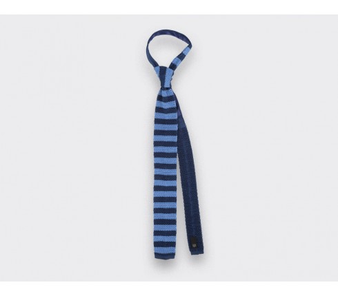 Navy Blue Striped Knitted Tie - Silk - Cinabre Paris