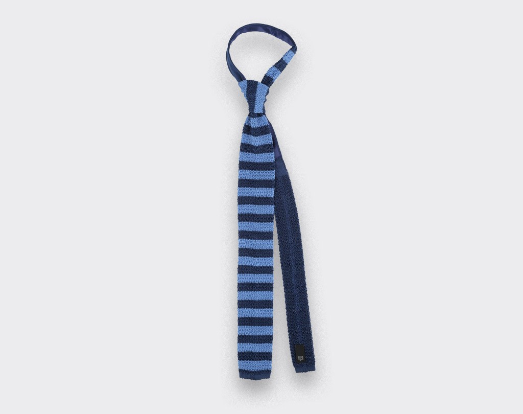 Navy Blue Striped Knitted Tie - Silk - Cinabre Paris