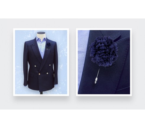 Navy Blue Herringbone Flower Lapel Pin - Cinabre Paris