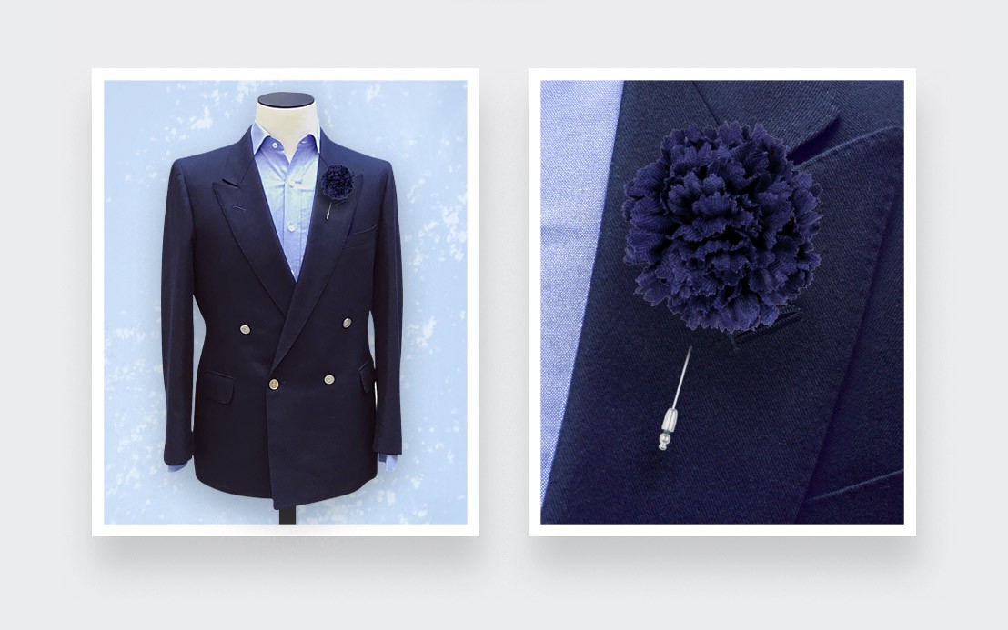 Navy Blue Herringbone Flower Lapel Pin - Cinabre Paris