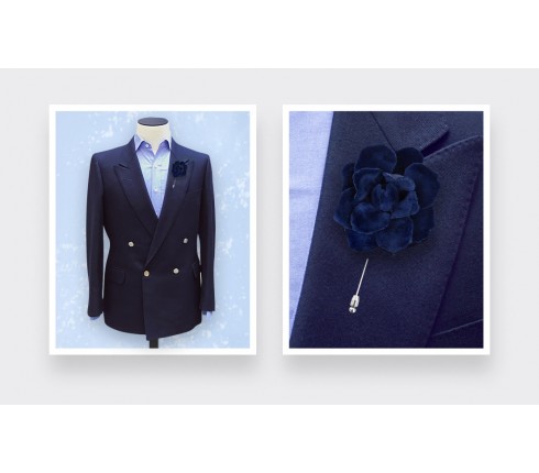 Royal Blue Velvet Gardenia Lapel Pin - Cinabre Paris