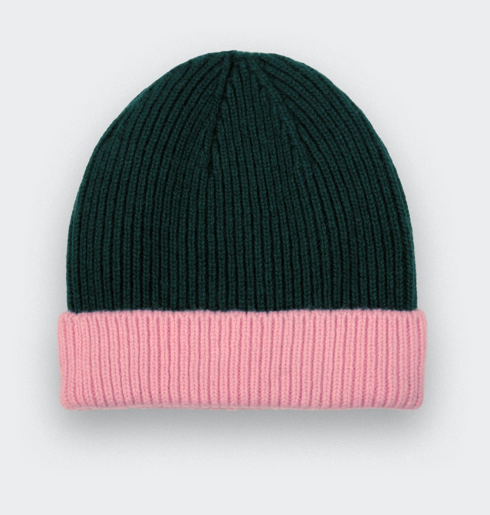 Green Pink Regenerated Cashmere Beanie - Made in France by Cinabre