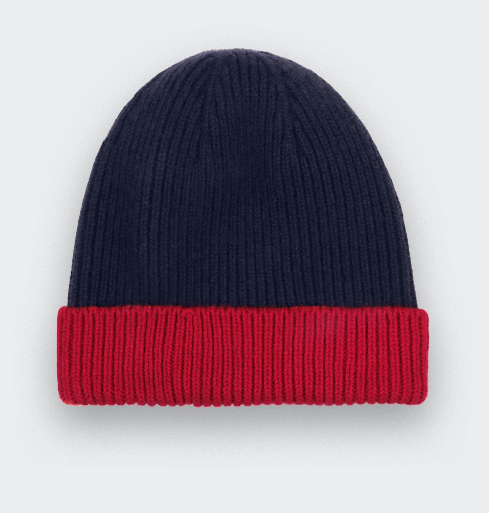 Navy Red Regenerated Cashmere Beanie - Made in France by Cinabre