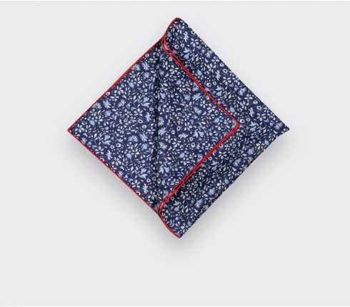 Navy Blue Flowery Pocket Square - Hand rolled in France - Cinabre Paris