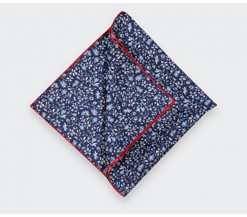 Navy Blue Flowery Pocket Square - Hand rolled in France - Cinabre Paris