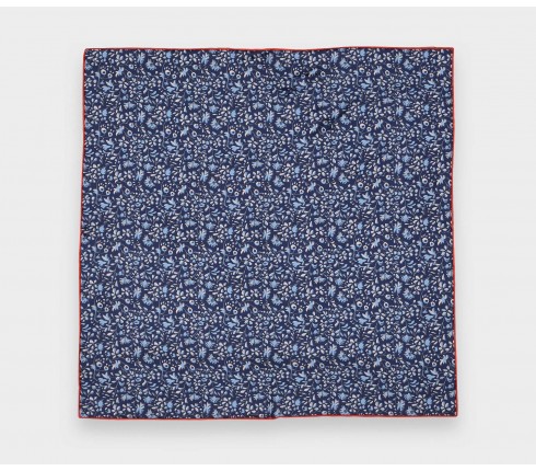 Navy Blue Flowery Pocket Square - Hand rolled in France - Cinabre Paris