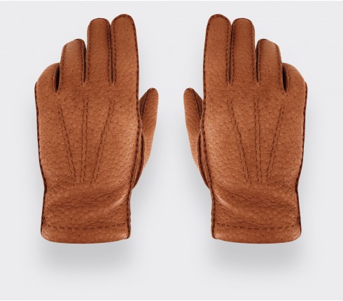 Peccary leather cognac gloves with cashmere lining - CINABRE Paris