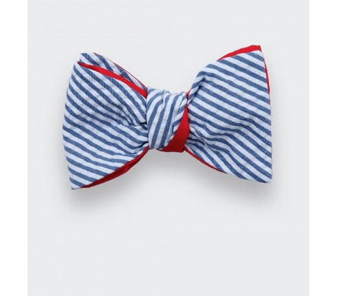 Blue stripes seersucker bow tie - seersucker cotton and silk - CINABRE Paris