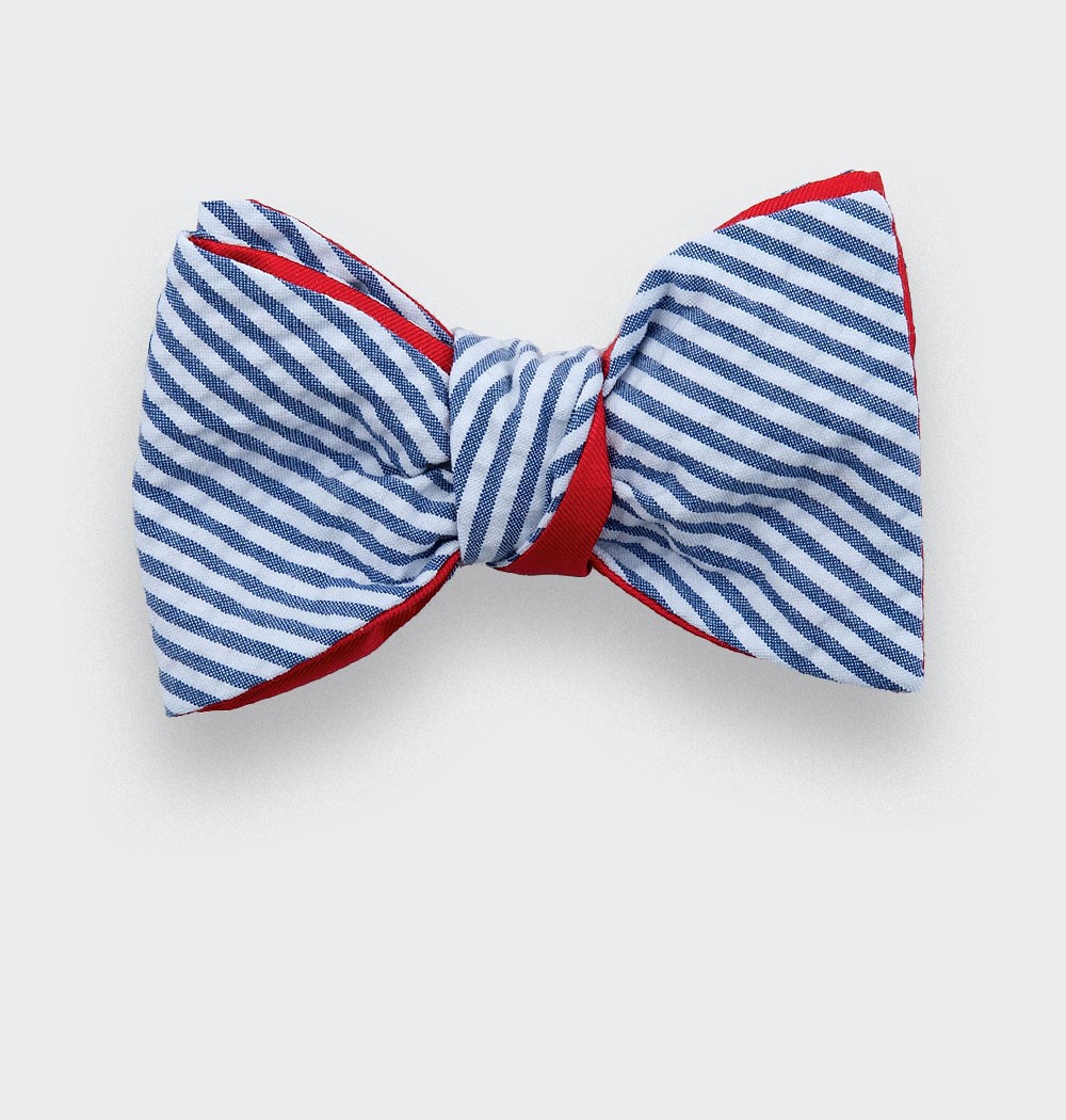 Blue stripes seersucker bow tie - seersucker cotton and silk - CINABRE Paris