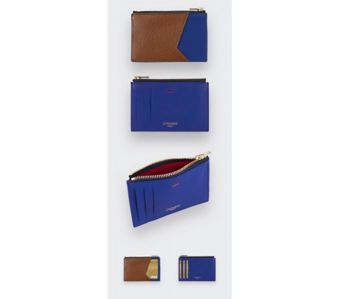 Blue Card holder with brown caviar leather - Cinabre Paris